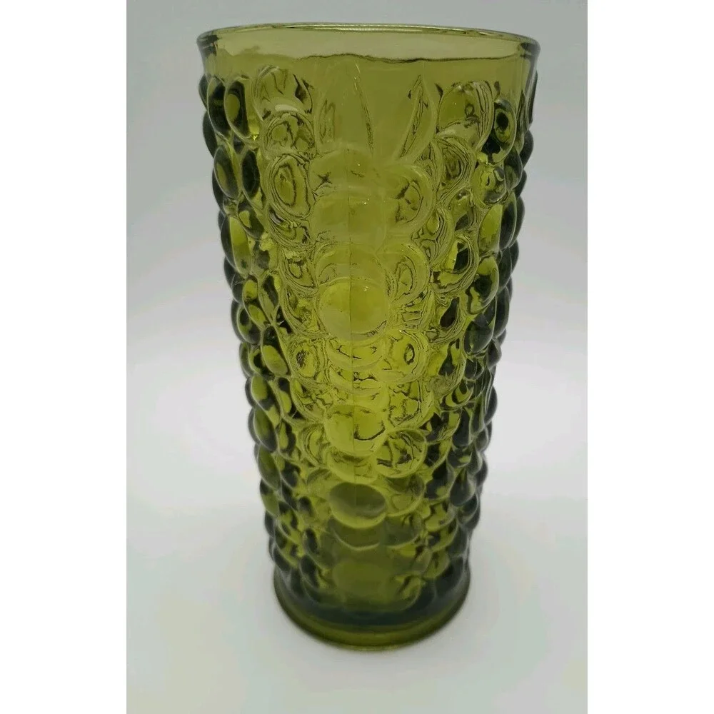 Vintage MCM Avocado Green Bubble Glass Vase  Grapes 7.5”